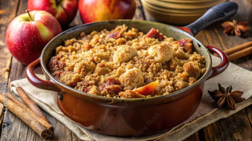 A Rustic Brown Dish Filled With Crumbly Baked Fruit Dessert on a Burlap Mat Surrounded by Cinnamon Sticks and Star Anise A Rustic Brown Dish Filled With Crumbly Baked Fruit Dessert on a Burlap Mat Surrounded by Cinnamon Sticks and Star Anise