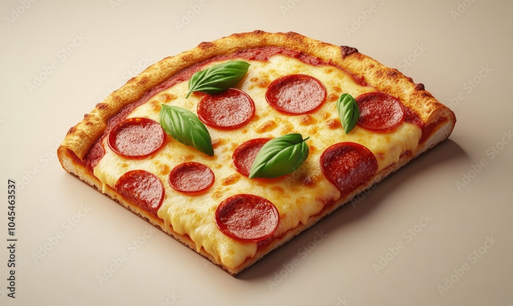 Isometric pizza slice with pepperoni, cheese, and basil, perfect for Italian food themes, 3D icon set Isometric pizza slice with pepperoni, cheese, and basil, perfect for Italian food themes, 3D icon set