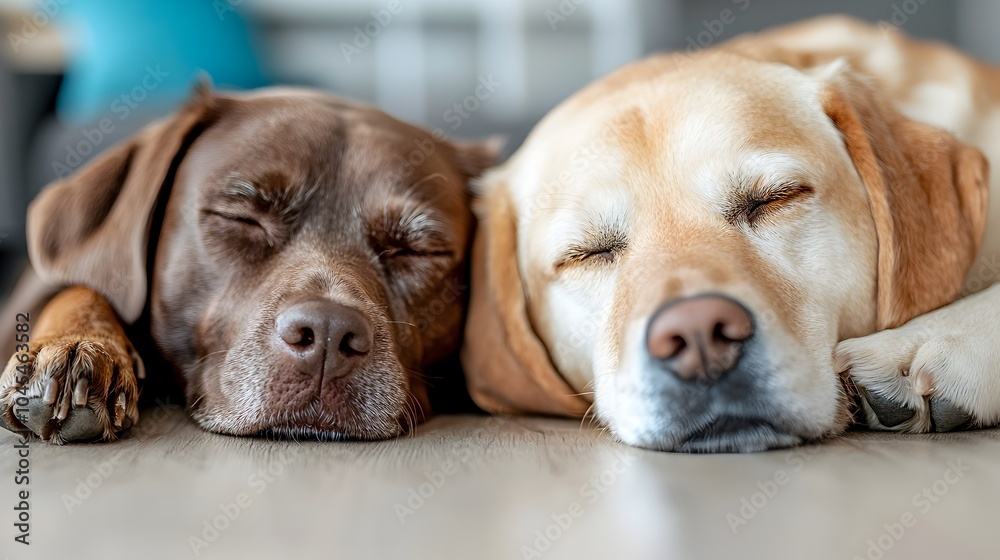 Two adorable dogs resting peacefully on the floor their heads close together in a tender and heartwarming display of trust and companionship Two adorable dogs resting peacefully on the floor their heads close together in a tender and heartwarming display of trust and companionship
