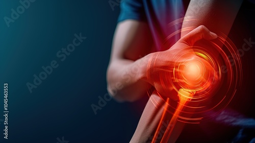 A man holding hands on elbow with pain, with virtual bone image on elbow