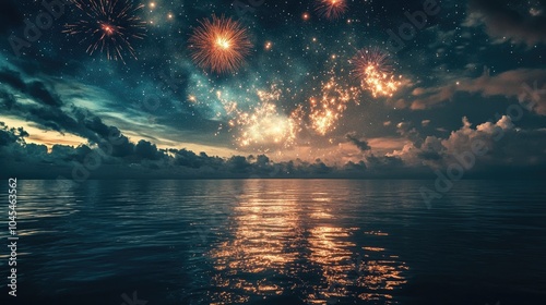 Fireworks reflect off a calm ocean under a starry sky, celebration with copy space