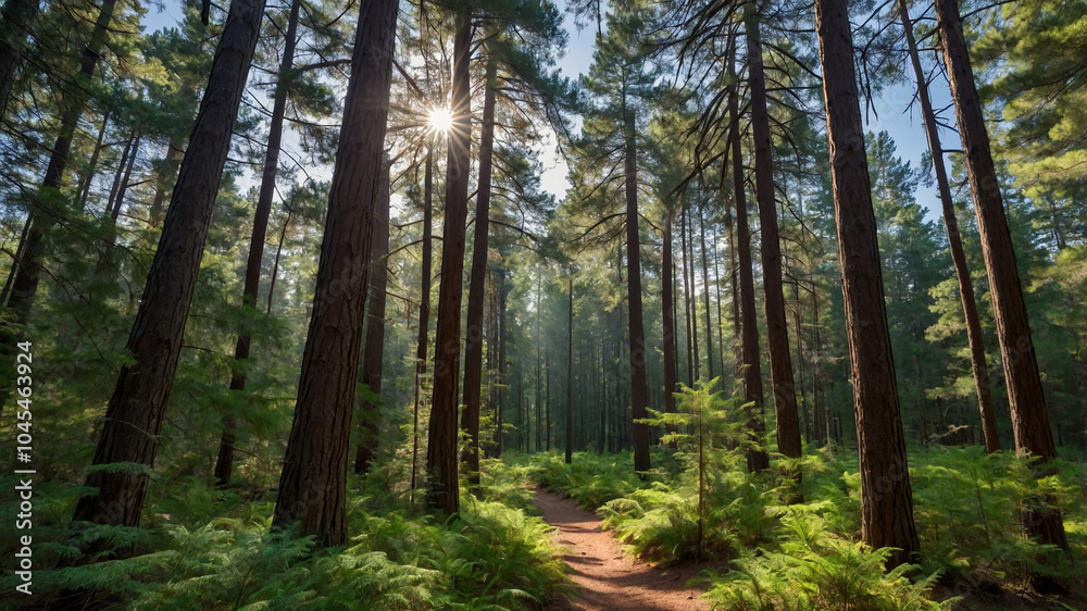 Fototapeta premium Sunlit path through a dense forest with tall trees and lush ferns in a tranquil natural setting.