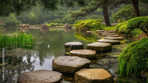 Zen Pathway in Japanese Garden. Tranquil Stone Path Leading to Duck Pond