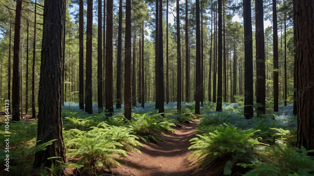 Sunlit path through a dense forest with tall trees and lush ferns in a tranquil natural setting. Sunlit path through a dense forest with tall trees and lush ferns in a tranquil natural setting.