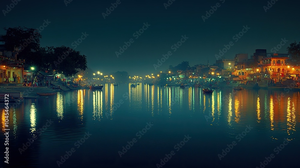 Fireworks reflect on a serene South Asian river, celebrating the night with space for text Fireworks reflect on a serene South Asian river, celebrating the night with space for text