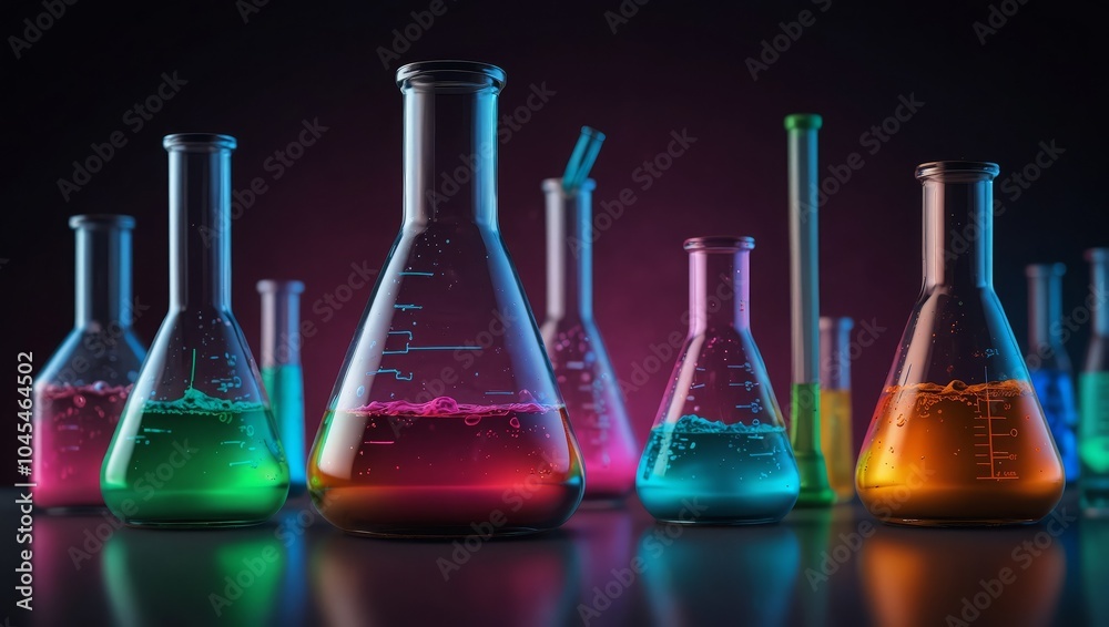 Experimental flask with neon colored liquid Science and chemistry concepts Test tube or glass beaker on technology background Experimental flask with neon colored liquid Science and chemistry concepts Test tube or glass beaker on technology background