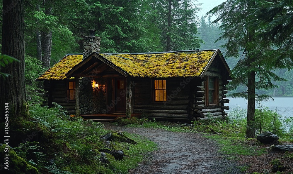 A cozy log cabin with a mossy roof sits on a lakeshore in a misty forest. A cozy log cabin with a mossy roof sits on a lakeshore in a misty forest.