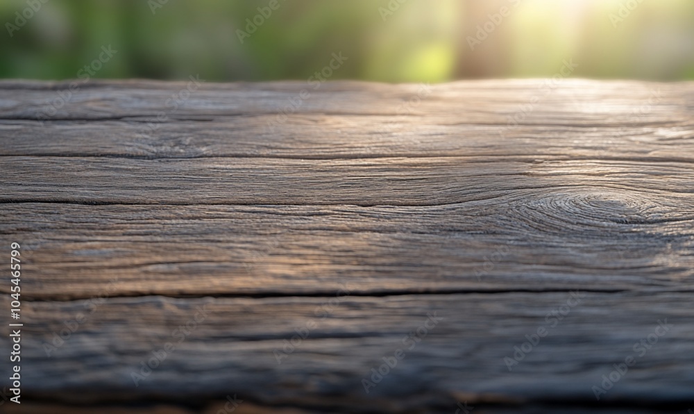 Rustic wooden surface with blurred green background and sunlight. Rustic wooden surface with blurred green background and sunlight.