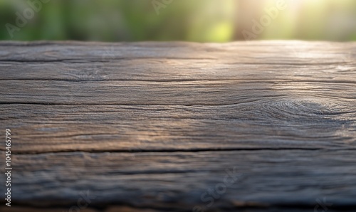 Rustic wooden surface with blurred green background and sunlight.