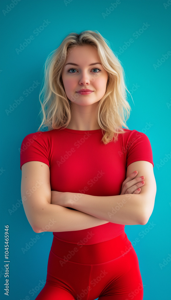 Blonde girl in red top and red leggings against blue studio wall background Blonde girl in red top and red leggings against blue studio wall background