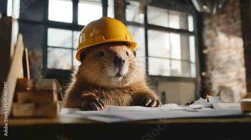 A beaver in a construction helmet working on engineering schemes