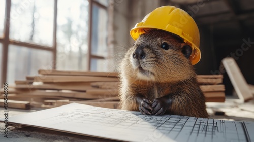 A beaver in a construction helmet working on engineering schemes
