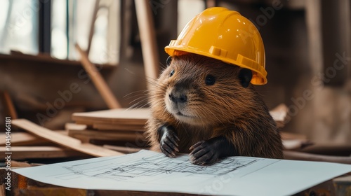 A beaver in a construction helmet working on engineering schemes