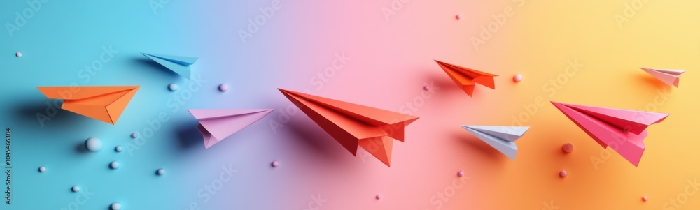 Fototapeta premium Several paper airplanes are flying in the air on a colorful background
