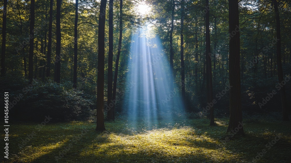Obraz premium Sunlight Beams Through Forest Trees Green Grass Nature Scene