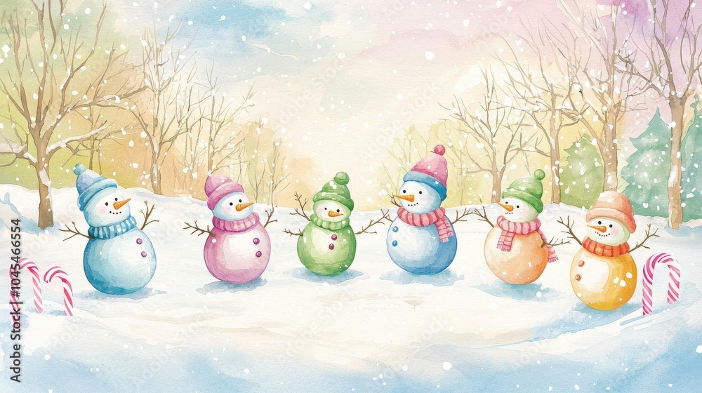 Rainbow-colored snowmen playing in a sparkling snow-covered park, surrounded by candy cane trees and pastel-hued skies. watercolor texture with watercolor edge, copy space for text Rainbow-colored snowmen playing in a sparkling snow-covered park, surrounded by candy cane trees and pastel-hued skies. watercolor texture with watercolor edge, copy space for text
