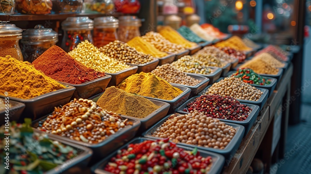 Obraz premium blurred image of traditional market with aromatic spices and exotic flavors, creating a sensory and cultural atmosphere