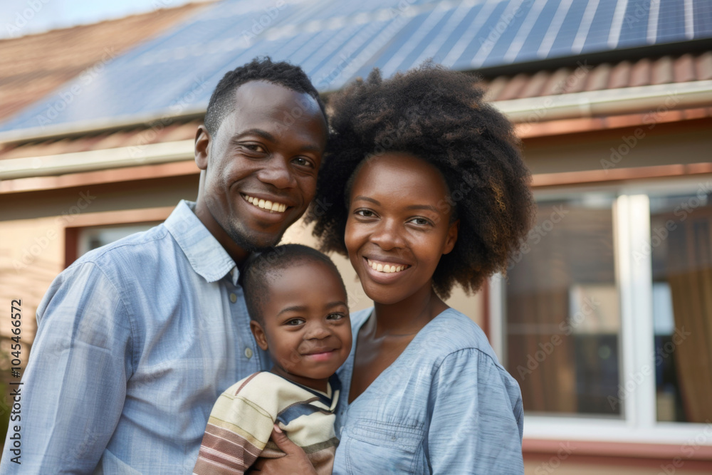 Black couple stand smiling in front of a modern house with solar panels installed. Solar panels generation, sustainability eco-friendly concept. Black couple stand smiling in front of a modern house with solar panels installed. Solar panels generation, sustainability eco-friendly concept.