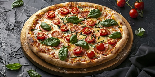 A delicious pizza with pepperoni, mozzarella cheese and fresh basil on a wooden board, with cherry tomatoes and a black tablecloth on a black background.