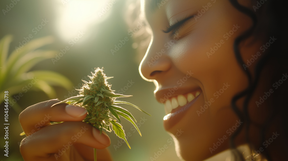 Woman Smiling and Holding a Cannabis Bud in Warm Sunlight Woman Smiling and Holding a Cannabis Bud in Warm Sunlight