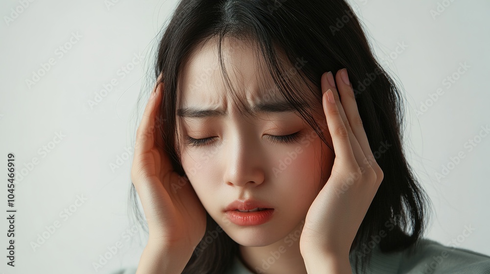 Young woman holding her head with both hands, suffering from hair loss and distress on a white background, Young woman holding her head with both hands, suffering from hair loss and distress on a white background,