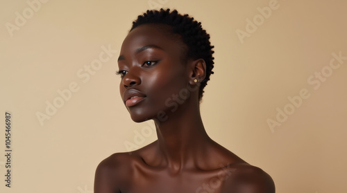 Elegant Black Female Model in High-Fashion Glamour Photography – Natural Beauty with Melanin Glow on Neutral Background