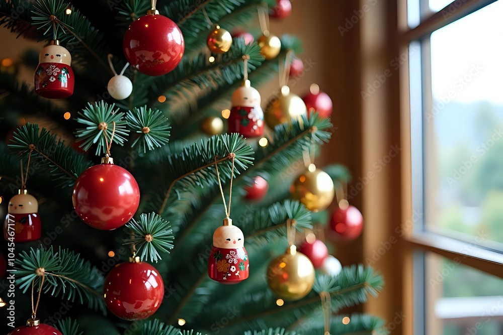Christmas tree with Daruma dolls and lacquered wooden ornaments, set in a modern Japanese home interior, soft indoor lighting, and an open right side for space copy. Christmas tree with Daruma dolls and lacquered wooden ornaments, set in a modern Japanese home interior, soft indoor lighting, and an open right side for space copy.
