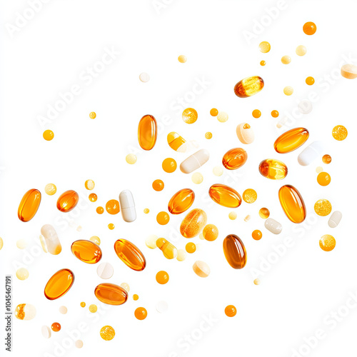 Scattered vitamin capsules and pills create vibrant display of health supplements, showcasing various shapes and colors that evoke sense of wellness and vitality