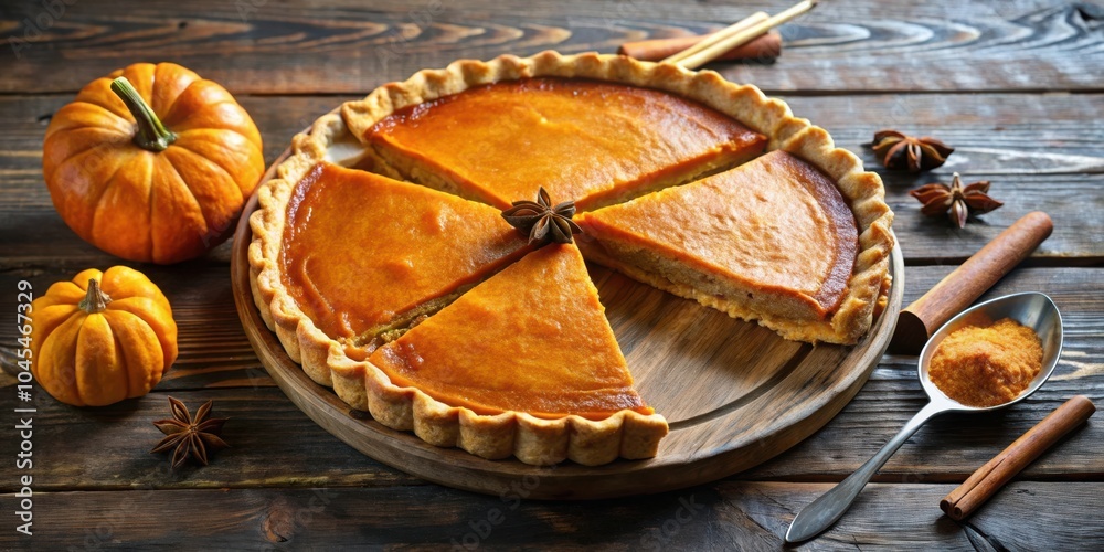 A perfectly baked pumpkin pie with a flaky crust, adorned with cinnamon sticks and star anise, ready for a Thanksgiving feast. A perfectly baked pumpkin pie with a flaky crust, adorned with cinnamon sticks and star anise, ready for a Thanksgiving feast.