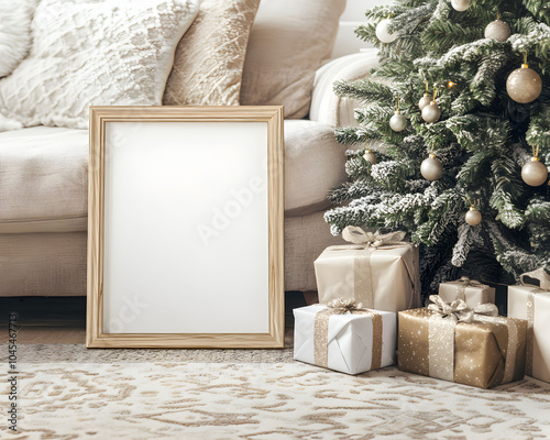 A cozy living room decorated for the holidays with a blank frame for wall art mockup and beautifully wrapped gifts beside a well-decorated Christmas tree.