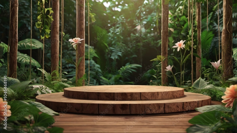A empty wooden stump podium, adorned with lush greenery for a natural background
A empty wooden stump podium, adorned with lush greenery for a natural background
