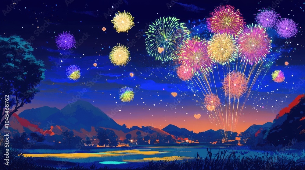 Glorious fireworks above a South Asian landscape, celebrating with vibrant colors and copy space