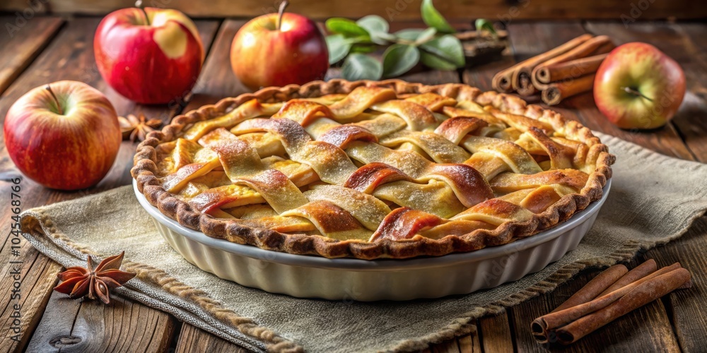 A freshly baked apple pie with a golden brown crust, dusted with powdered sugar, surrounded by fresh apples and cinnamon sticks on a rustic wooden table. A freshly baked apple pie with a golden brown crust, dusted with powdered sugar, surrounded by fresh apples and cinnamon sticks on a rustic wooden table.