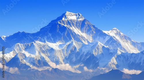 Majestic snow capped peaks of the Himalayas under a clear blue sky, showcasing the grandeur of winter mountains