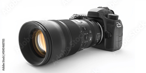 Professional dslr camera with telephoto lens isolated on white background