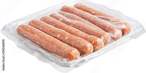 Pack of raw sausages in plastic tray isolated on white background