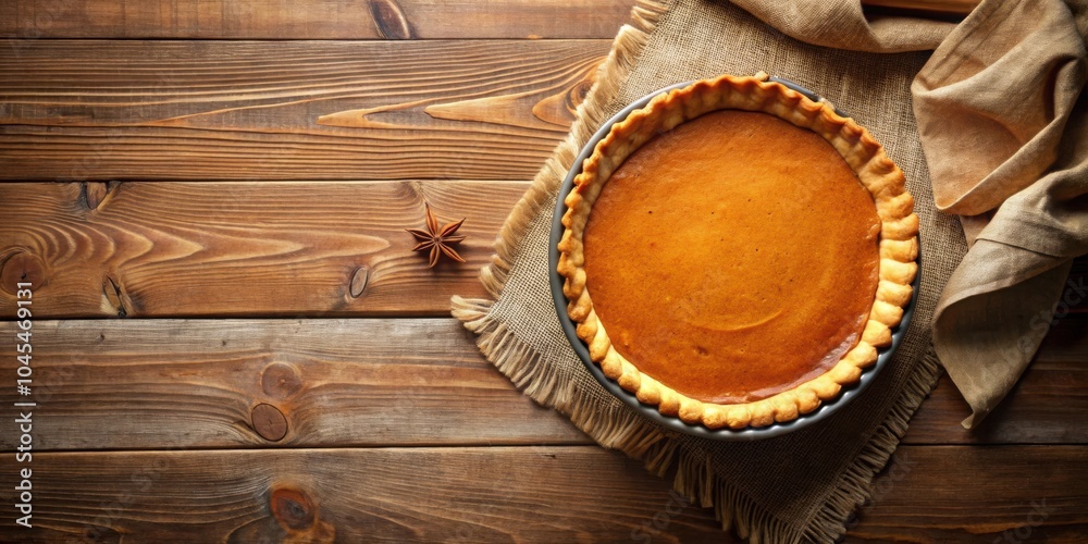 A freshly baked pumpkin pie on a rustic wooden table, ready to be enjoyed with a side of warm spices.