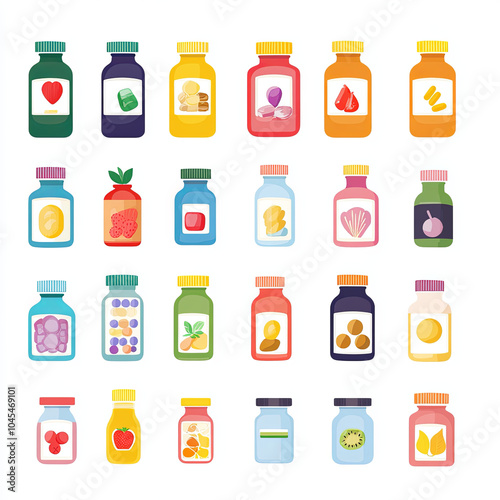 Vibrant collection of vitamin bottles featuring various shapes and colors, showcasing range of supplements and health products. Perfect for health and wellness themes