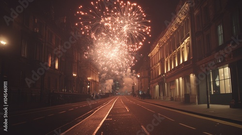 Glorious fireworks burst in the sky over an empty street, celebrating with copy space