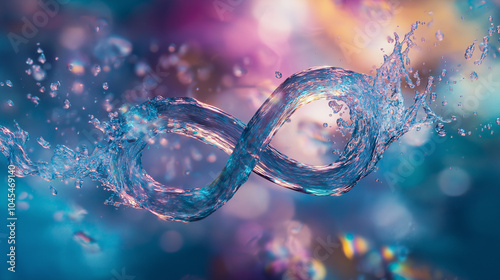 A swirling water splash shaped like an infinity symbol, with tiny rainbows emerging from where the water curves and breaks. photo