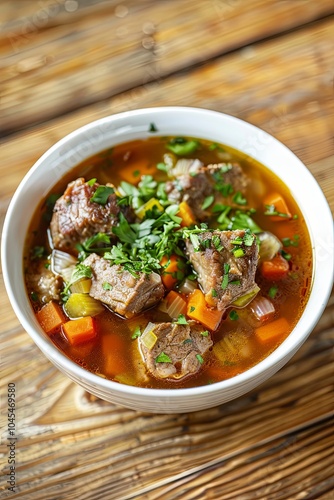 A hearty bowl of beef stew with carrots, celery, and parsley.