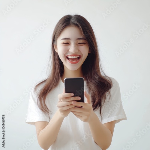 Happy asia young woman using mobile smart phone, read good news online, white background.