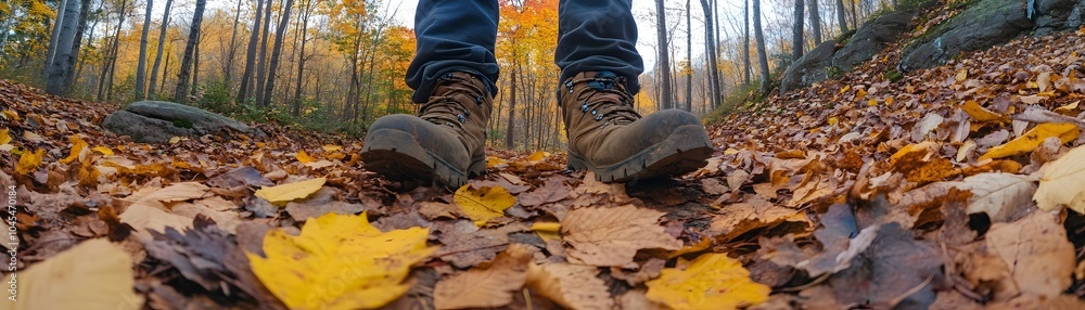 Man Wearing Rugged Boots Trekking on Leaf Covered Forest Trail in Autumn Adventure Man Wearing Rugged Boots Trekking on Leaf Covered Forest Trail in Autumn Adventure