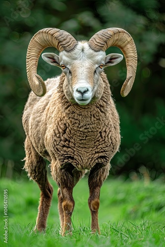 A large male bighorn sheep stands in a grassy field, looking directly at the camera. Its large, curled horns are prominent.