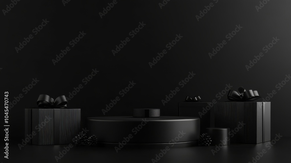 A black podium on a black background. There are black boxes with gifts nearby. An advertising concept on the theme of Black Friday, the day of discounts A black podium on a black background. There are black boxes with gifts nearby. An advertising concept on the theme of Black Friday, the day of discounts