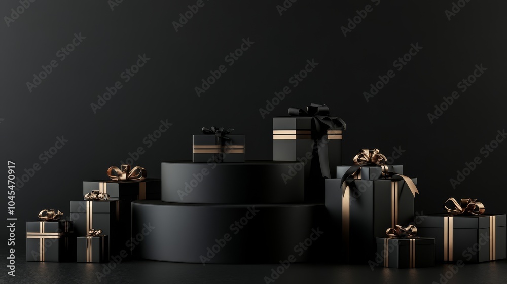 A black podium on a black background. There are black boxes with gifts nearby. An advertising concept on the theme of Black Friday, the day of discounts A black podium on a black background. There are black boxes with gifts nearby. An advertising concept on the theme of Black Friday, the day of discounts