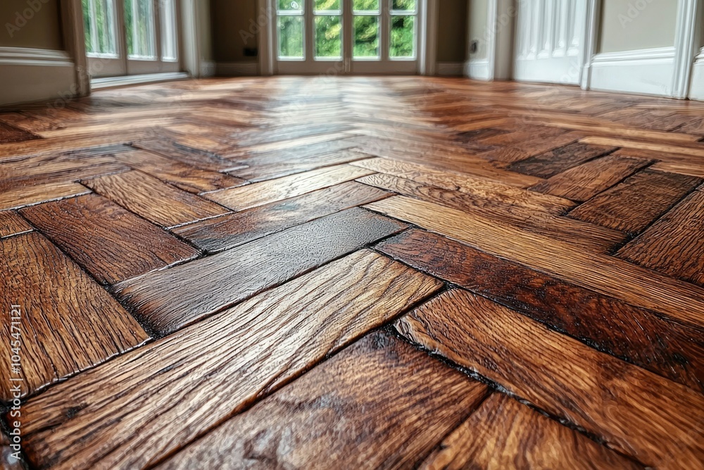 A herringbone patterned wood floor in a room with a large window. A herringbone patterned wood floor in a room with a large window.