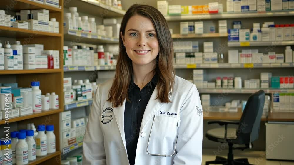 A pharmacist smiles while standing in front of shelves filled with bottles of medicine A pharmacist smiles while standing in front of shelves filled with bottles of medicine