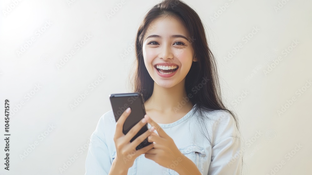 Happy asian young woman using mobile smart phone, white background. Happy asian young woman using mobile smart phone, white background.
