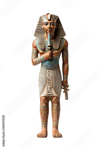 A statue of an Egyptian man holding a staff. on transparent background.